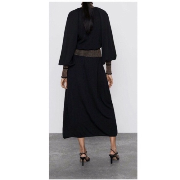 ZARA • High Collar Smocked Black Midi Dress - Picture 3 of 10
